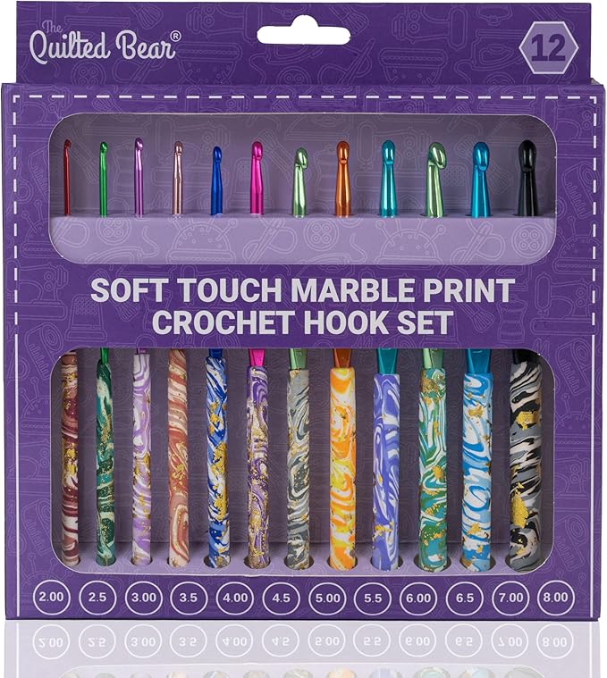 The Quilted Bear Marble Crochet Hook Set - 12 Ergonomic Soft Grip Crochet Hooks Set with Light Polymer Clay Handle for Comfortable Crocheting & Knitting (2mm-8mm)