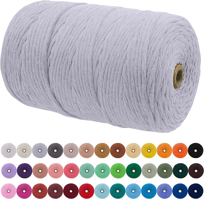JeogYong Single Strand Macrame Cord 3mm x 218 Yards (656 Feet) Soft Cotton Rope Macrame Yarn 3 mm Macrame Cord, Macrame Supplies for Crafts Wall Hangings Plant Hangers Decorations (White Gray)