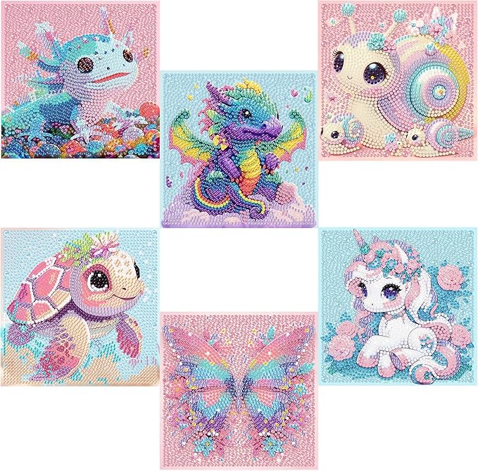 Tiwabb 6 Pack 5D Cartoon Diamond Art Kits for Kids Ages 8-12,Cute Animals Diamond Painting for Kids Beginners,Full Drill Gem Art for Kids DIY Crafts for Girls 8-12, for Home Wall Decor 7x7 Inch