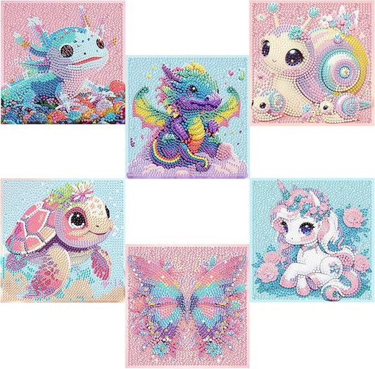 Tiwabb 6 Pack 5D Cartoon Diamond Art Kits for Kids Ages 8-12,Cute Animals Diamond Painting for Kids Beginners,Full Drill Gem Art for Kids DIY Crafts for Girls 8-12, for Home Wall Decor 7x7 Inch
