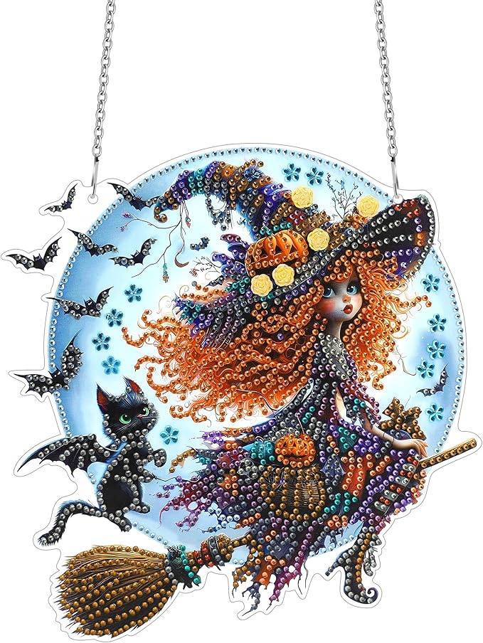 MUNORIAY Diamond Art Hanging Kit for Adult,Special Shaped Rhinestone,5D DIY Acrylic Double Sided Diamond Art Painting Window Pendants,Home Garden Wall Decor Hanging Ornament (Halloween Witch)