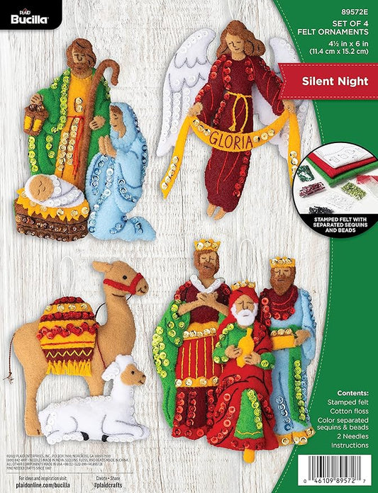 Bucilla Felt Applique 4 Piece Ornament Making Kit, Silent Night, Perfect for DIY Arts and Crafts, 89572E