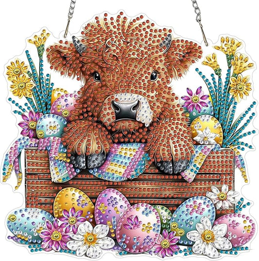 RICUVED Easter Diamond Art Hanging Kit for Adult, Cow Special Shaped Diamond Painting Pendant Board Kit, Eggs 5D Art Suncatchers Double Sided Hanging Window Ornament for Home Garden Decor