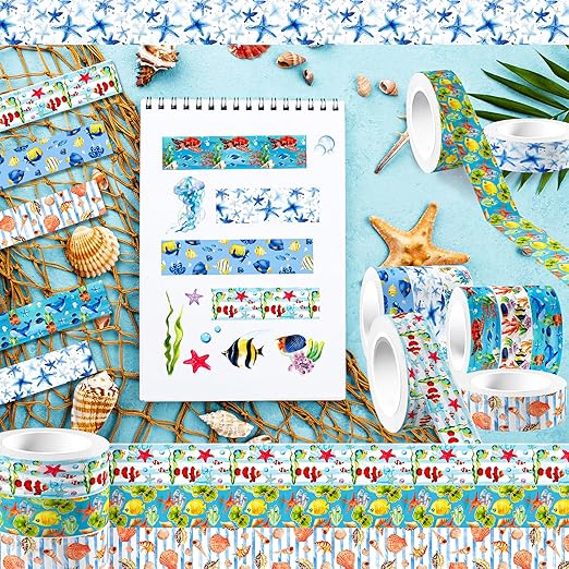 12 Rolls Blue Ocean Washi Tape, Underwater World Masking Tapes, Sea Animal Cartoon Decorative Tape for Arts, DIY Crafts, Journals Planners Scrapbook Gift Wrapping 16.4FT