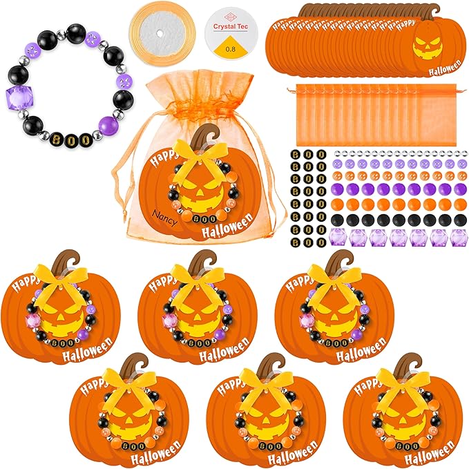 BeYumi Halloween Bracelet Craft Kit - 24 Pack Halloween Boo Letter Beads Friendship Bracelets with Pumpkin Gift Cards DIY Thankful Craft Kit Party School Classroom Party Fun Activities