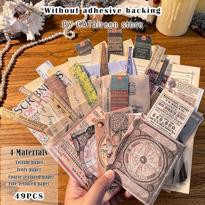 CATaireen Vintage Junk-Journal Mixed Paper Scrapbooking Embellishments Set Retro Journaling Decoupage Stickers Textured Packaging Decorative Cards Tags Kit (Poster A)