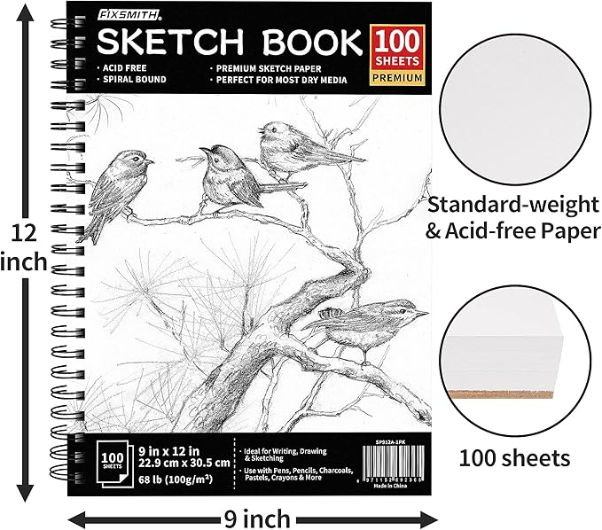 fixsmith 9"x12" sketch book | 400 sheets (68 lb/100gsm) sketchbook| 4 pack (100 sheets each) |acid free drawing paper | spiral bound sketchpad for beginners,artists & professionals | bright white