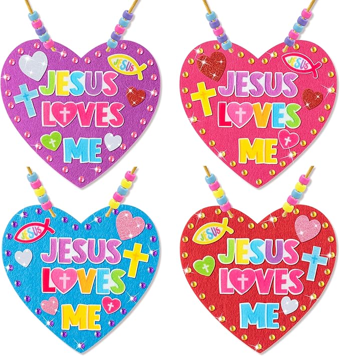 BeYumi Easter Necklace Craft Kit - 24Pcs Easter Christian Heart Felt Jesus Loves Me Necklace Making Kits With Gem Sticker DIY Religious Craft for Kids Sunday School Classroom Activity Gift Party Favor