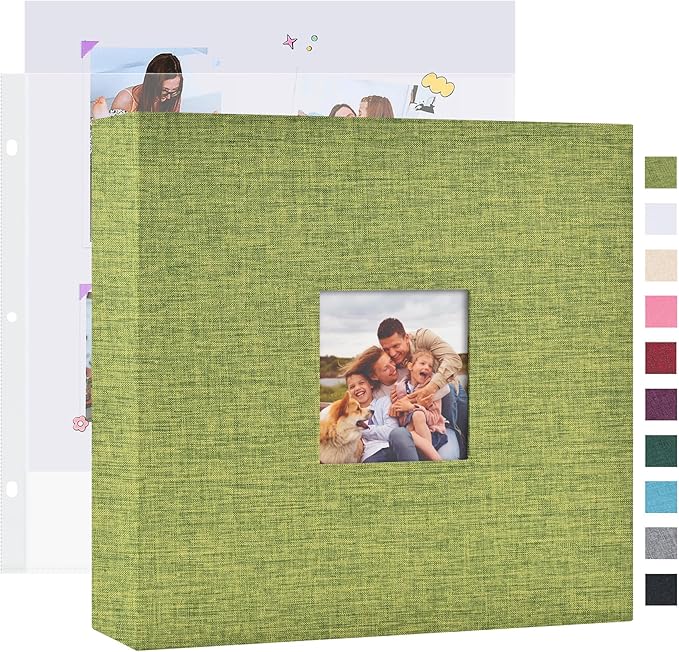 Mublalbum 10x10 Inch DIY Scrapbook Photo Album with 40 Plastic Sleeves 80 Pages Linen Cover 3 Ring Folder Binder for Wedding Baby Family and DIY Projects (Green)