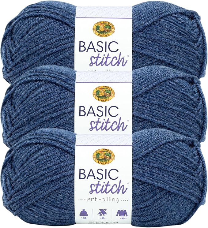 Lion Brand Yarn Basic Stitch Anti-Pilling Yarn for Crocheting, Knitting, and Crafts, Deep Denim Heather, 3 Pack