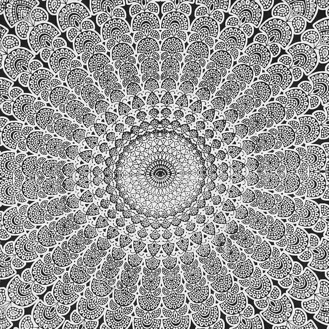 bless international handmade indian hippie bohemian psychedelic peacock mandala wall hanging college dorm beach throws table cloth bedding tapestry (black white, king(88x104inches)(225x265cms))