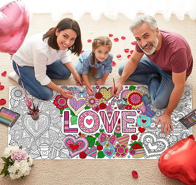 dvbonike jumbo love mandala coloring poster - valentine’s day heart flower diy drawing color-in paper blank art banner 55.1 x 23.6 inch wall decor, home classroom activity for kids party supplies