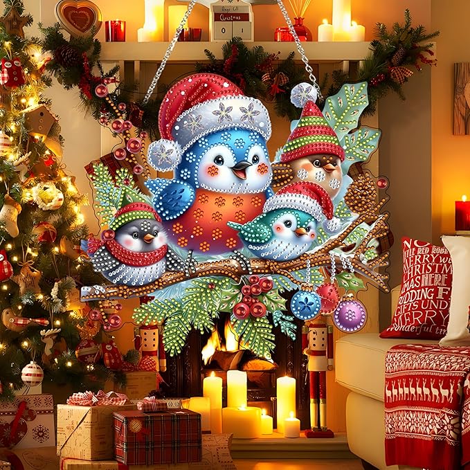 Diamond Art Hanging Kit for Adult,Special Shaped Rhinestone,DIY Acrylic Diamond Art Painting Window Pendants Home Garden Wall Hanging Kits Hanging Ornament,Double Sided. (Christmas Bird)