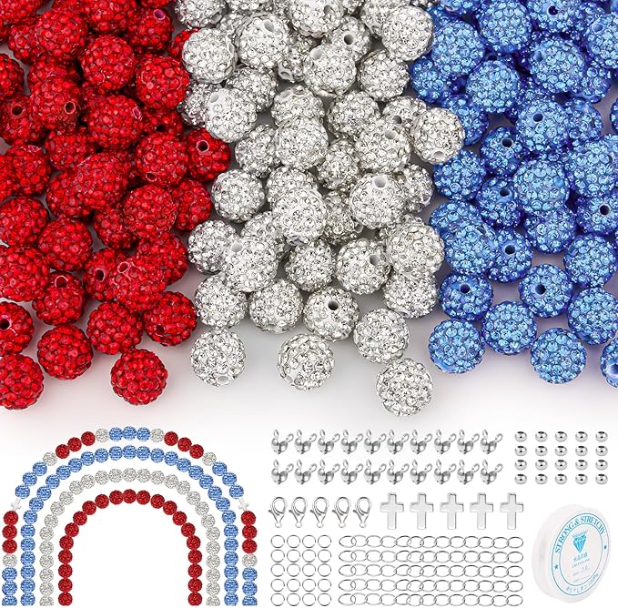 256Pcs 10mm Rhinestone Beads Kit for Baseball Necklaces, 3 Colors Round Disco Ball Beads Set with Cross Charms and Accessories for Bracelets Earrings Jewelry Making DIY Decoration