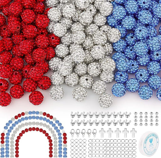 256Pcs 10mm Rhinestone Beads Kit for Baseball Necklaces, 3 Colors Round Disco Ball Beads Set with Cross Charms and Accessories for Bracelets Earrings Jewelry Making DIY Decoration