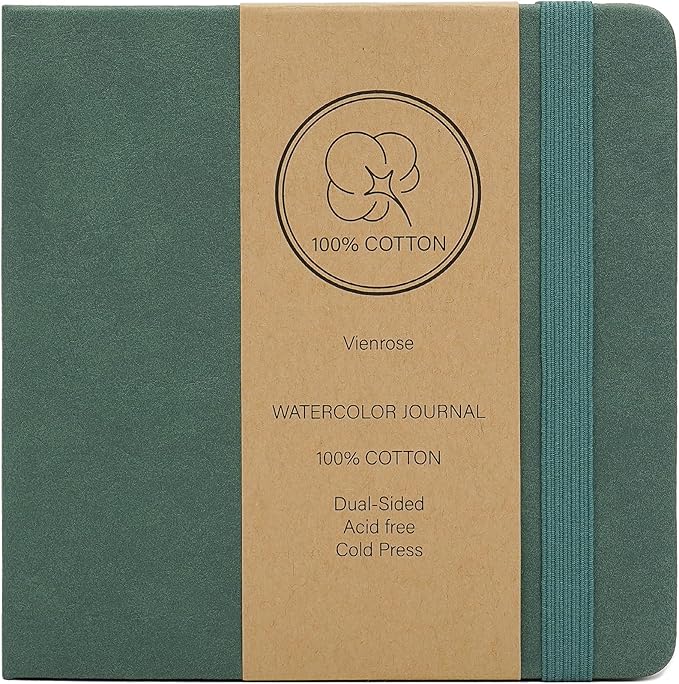 Vienrose Watercolor Sketchbook, 5.5"x5.5" Watercolor Journal with 24 Sheets 48 Pages 140 LB (300 GSM) Cotton Watercolor Paper, Green Leather Cover Water Coloring Sketch Book As Travel Notebook