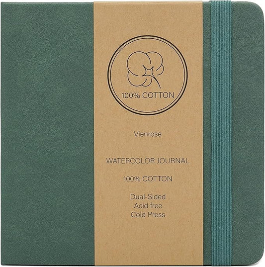 Vienrose Watercolor Sketchbook, 5.5"x5.5" Watercolor Journal with 24 Sheets 48 Pages 140 LB (300 GSM) Cotton Watercolor Paper, Green Leather Cover Water Coloring Sketch Book As Travel Notebook