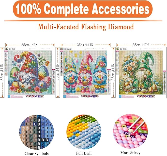 igoodom 3 Pack Easter Diamond Art Kits for Adults, Gnome Diamond Painting Kit, Full Drill Round Diamond Art Kits, DIY Gem Art and Crafts for Home Wall Decor Gift 14x14inch