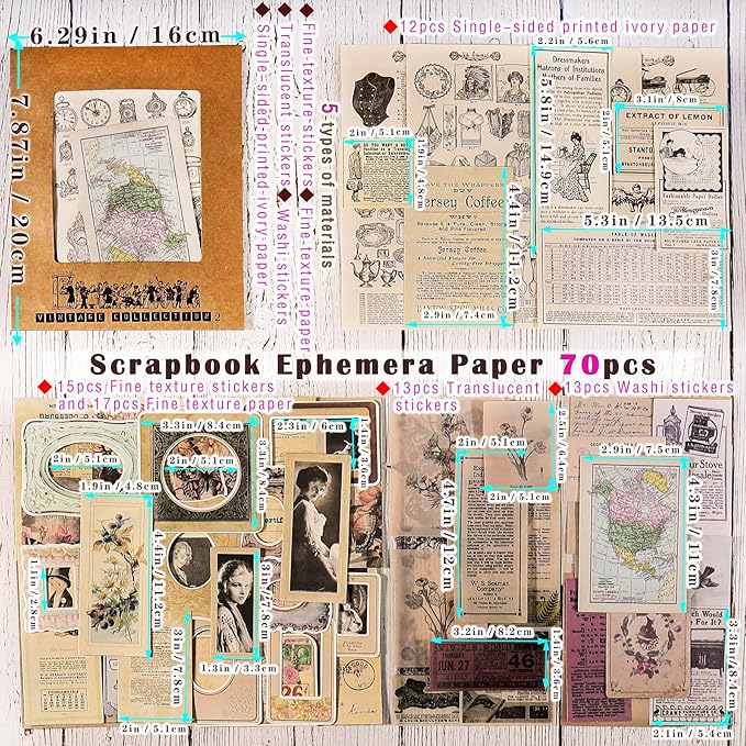 CATaireen Vintage Junk-Journal Mixed Paper Scrapbooking Embellishments Set Retro Journaling Decoupage Stickers Textured Packaging Decorative Cards Tags Kit (Old Photos 2)