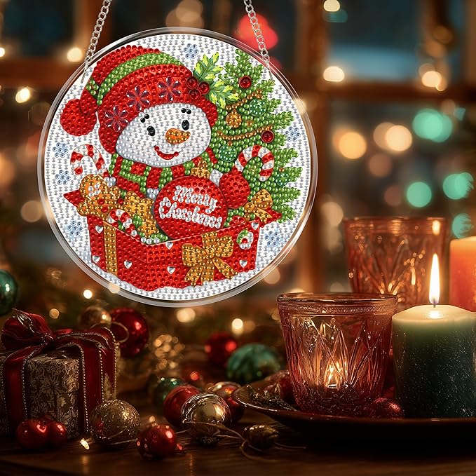 Eiflow Glass Diamond Art Hanging Kit for Adults Christmas, DIY Stained Glass Diamonds Painting Door Hanging Board Kit, Crystal Diamond Art Painting Pendant Ornament Full Drill