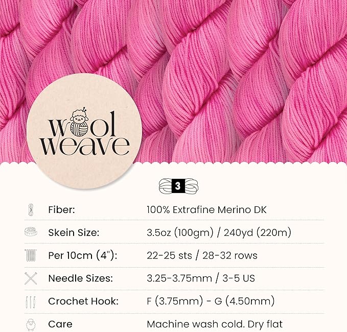 Superwash Merino Wool Yarn for Knitting & Crocheting - Hand Dyed, Luxurious & Soft Dk Weight Yarn, 100gr, 240 Yards - Neon Pink