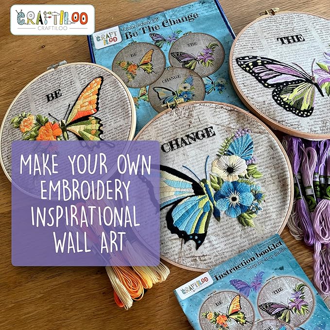 CRAFTILOO Embroidery Kits for Adults Hand Embroidery kit for Beginners with Stamped Embroidery Patterns Starter Embroidery Kit. Needlepoint kit Cross Stitch kit for Teens& Adults Butterflies