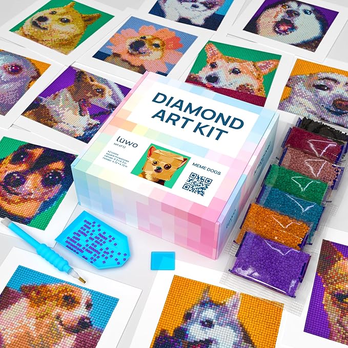 LuwoArte 12 Pack Diamond Painting Kits for Adults – Featuring Funny Meme Dogs Designs – Full Drill DIY Paint Gem Art for Adults – Brilliant 5D Diamond Painting Kit – Relaxing Craft for Home Wall Décor