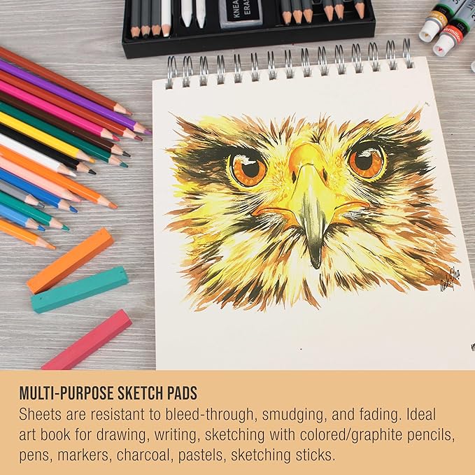 u.s. art supply 9”x12 premium heavy-weight paper spiral bound sketch book: 90 pound (160gsm), 30-sheet drawing pad (2 pack)