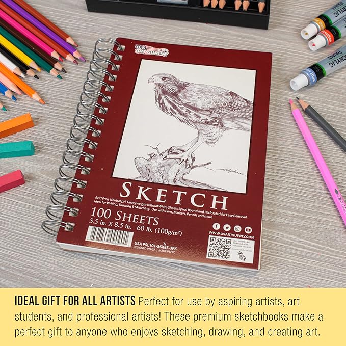 u.s. art supply 5.5"x8.5" sketch book pad, 3 pack (100 sheets each), 60lb (100gsm) spiral bound - sketching, drawing pad, acid-free paper - sketch pads for adults, students: colored pencils, charcoal