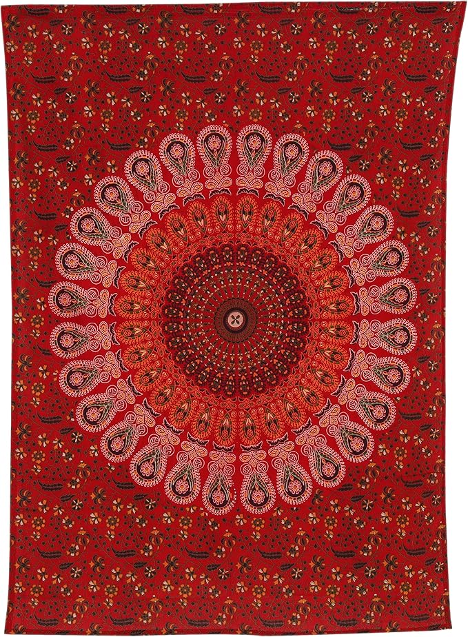 bless international handmade indian hippie bohemian psychedelic peacock mandala wall hanging college dorm beach throws table cloth bedding tapestry (golden red, poster(30x40inches)(76x101cms))