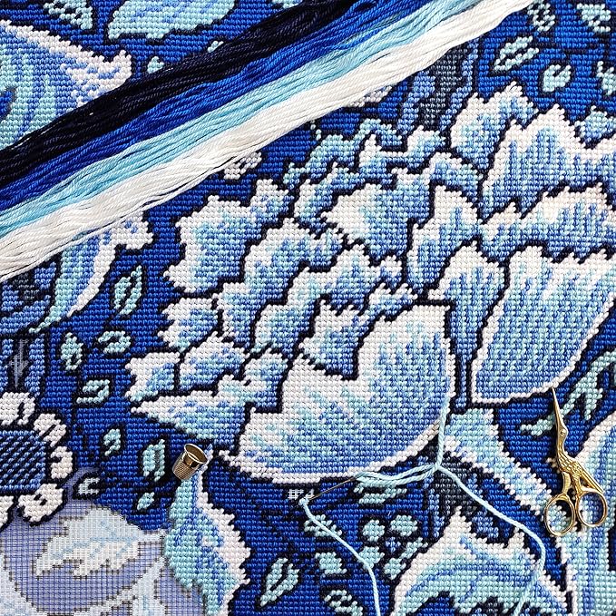 Brvsk Floral Embroidery Kit for Adults and Beginners — Windrush. Peony by William Morris 16″ × 16″ with Clear, Precise Printed Design on Cotton Canvas; Includes 2 Needles, Yarn, and Easy-Read Chart