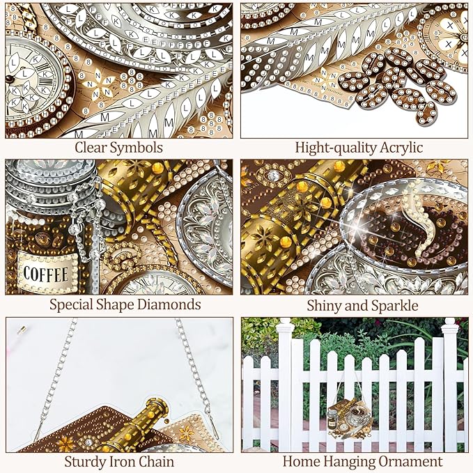 CEOVR Coffee Hanging Diamond Art for Adults, Coffee Diamond Painting Pendant DIY Gem Art Wall Hanging Ornament, Acrylic Home Garden Decor with Chain, Box Kit 7.81×6.92inch