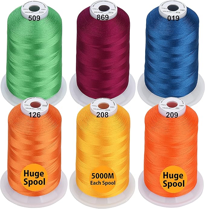 Simthread - 33 Selections - Various Assorted Color Packs of Polyester Embroidery Machine Thread Huge Spool 5500Y for All Sewing Embroidery Machines - 6 Fruit & Garden Colors