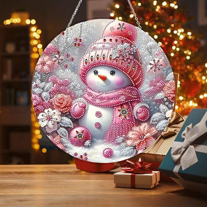 JJFox Diamond Art Hanging Kit for Adult,Special Shaped Rhinestone,Double Sided DIY Acrylic 5D Diamond Art Painting Window Pendants Home Garden Wall Hanging Kits Hanging Ornament (Christmas Snowman-2)