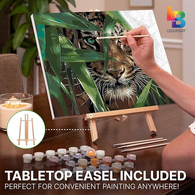 Ledgebay DIY Paint by Numbers Kit for Adults - Framed Canvas Beginner to Advanced Kit Includes Acrylic Paint Set, Brushes, Tabletop Easel (Bamboo Tiger 12" x 16" Framed)