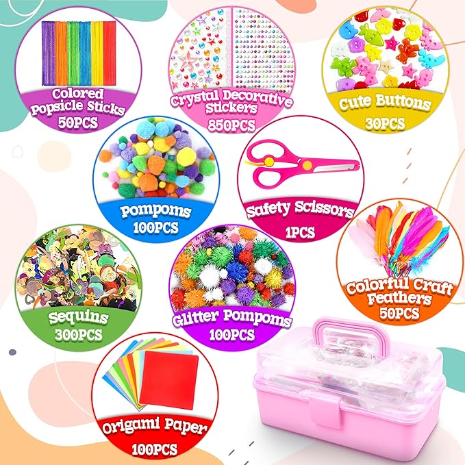 LINAYE 3000PCS Arts and Crafts Supplies Kit for Kids, DIY Craft Box Kits, Craft Supplies Set Include Pompoms, Pipe Cleaners for Kids Ages 4-6 6-8 Birthday Christmas Gifts for Boys Girls Rose