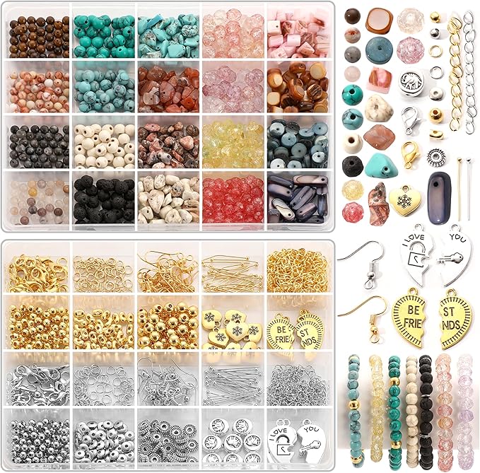 1500Pcs Natural Stone Jewelry Making Kit for Adults Women - Irregular Crystal Gemstone Beads (Turquoise, Agate, Shell) & Charms for DIY Boho Bracelet, Necklace, Earring & Ring Making Supplies Gift