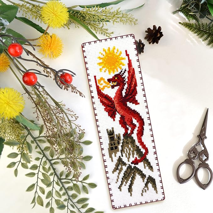 Povitrulya Counted Cross Stitch Kit 'Sun Dragon' - DIY Embroidery Book Marker Set for Adults with Paper Pattern, 16 Count Aida Canvas and Presorted Floss