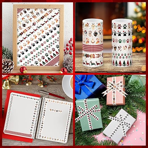 Christmas Dog Washi Tape - 12 Roll Christmas Hat and Dog Paw Pack Double Sided Scrapbook Masking Washi Tape School Office Scrapbooking Scrapbook Supplies Adhesive Glue Diy Craft Gift Wrapping