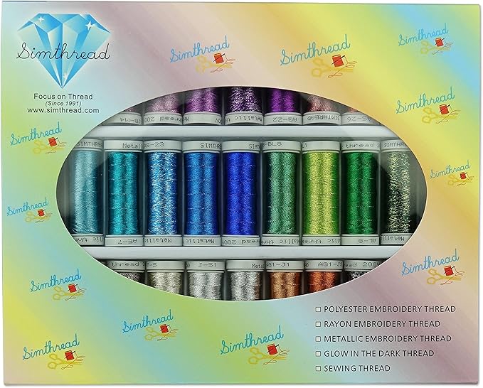 Simthreads Metallic Embroidery Thread 200 Yards Ea for French Embroidery or Machine Embroidery for Janome Brother Pfaff Babylock Singer Bernina Husqvaran & Most Home Embroidery Machines (32 Colors)
