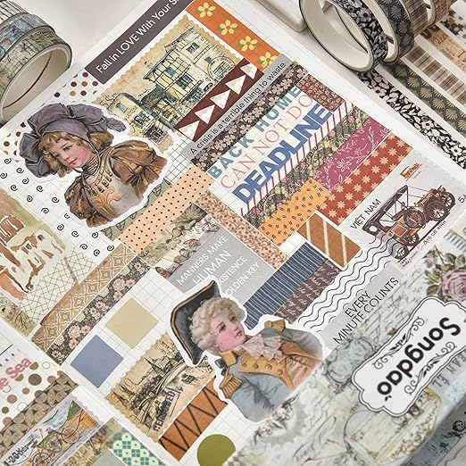 20 Rolls Skinny Vintage Washi Tape Set Retro Arts Adhesive Tapes Basic Patterns Decorative Masking Tape Sets for Craft, Kids, Scrapbook, DIY, Gift Wrapping (Elegance in Time)