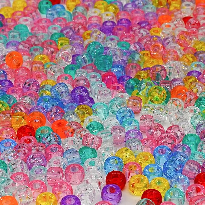 Glitter Pony Beads Bulk 1000+ Pieces, 9 Colors 6x9mm Sparkly Clear Acrylic Beads Large Plastic Kandi Bead for Bracelets Big Hole Hair Braids Jewelry Making Crafts DIY Projects