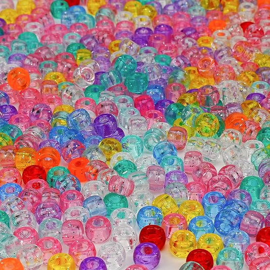 Glitter Pony Beads Bulk 1000+ Pieces, 9 Colors 6x9mm Sparkly Clear Acrylic Beads Large Plastic Kandi Bead for Bracelets Big Hole Hair Braids Jewelry Making Crafts DIY Projects