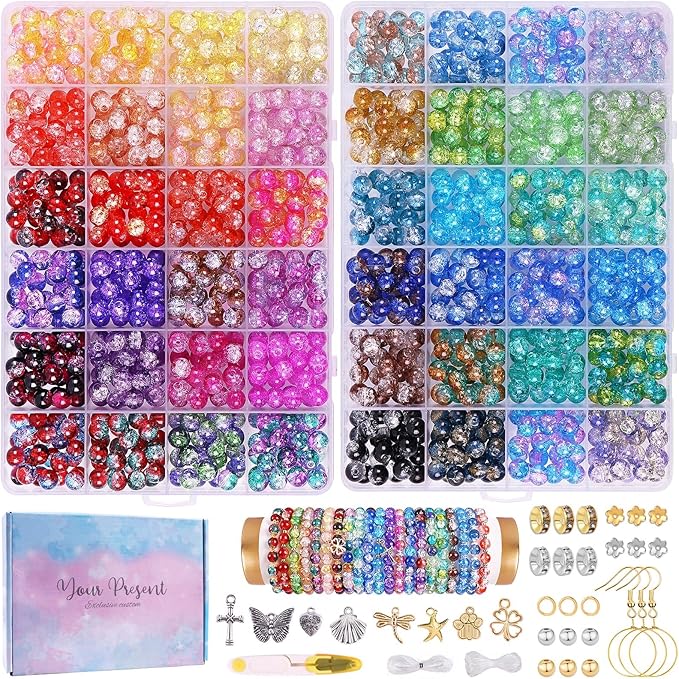 1800PCS 8mm Crackle Glass Beads Bracelet Making Kit, 48 Colors Glass Beads for Jewelry Making, Round Crystal Beads for Bracelets, Friendship Bracelet kit for DIY Crafts Gifts, 2 Box (Crackle Colors)