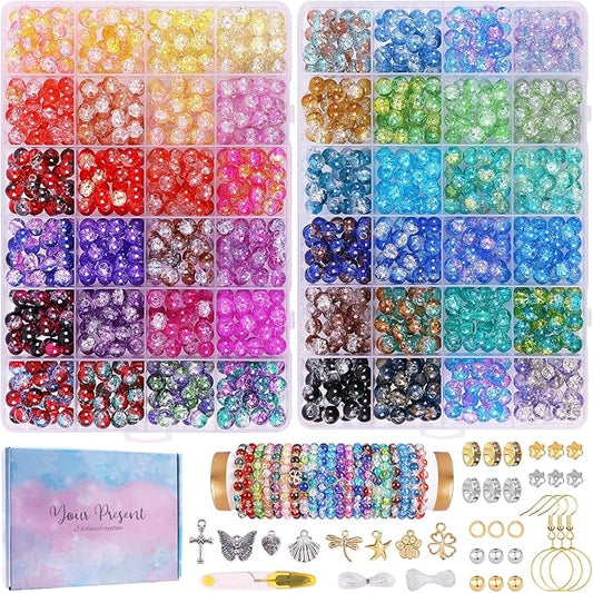 1800PCS 8mm Crackle Glass Beads Bracelet Making Kit, 48 Colors Glass Beads for Jewelry Making, Round Crystal Beads for Bracelets, Friendship Bracelet kit for DIY Crafts Gifts, 2 Box (Crackle Colors)