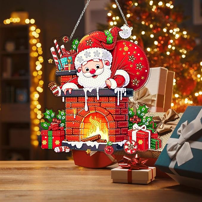 JJFox Diamond Art Hanging Kit for Adult,Special Shaped Rhinestone,Double Sided DIY Acrylic 5D Diamond Art Painting Window Pendants Home Garden Wall Hanging Kits Hanging Ornament (Father Christmas)