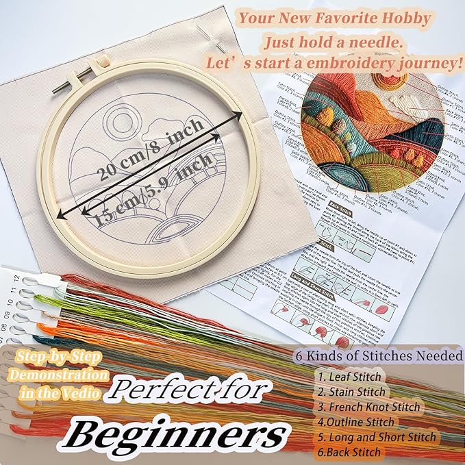 FONNUY Embroidery Kit for Beginners, Textured Vibrant Nature Landscape Pre-Stamped Pattern Kits for Adults with Hoop, Easy to Follow Color Thread Needlework, 8'' Hoop (Red 2)