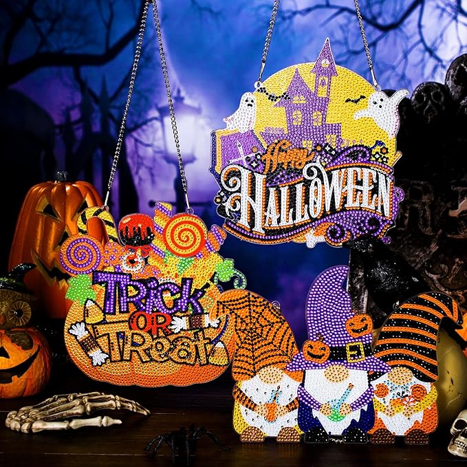Chiisong 6 Pcs Halloween Diamond Art Painting Kits Hanging Sign Set Witch Pumpkin Gnome Glow in The Dark Diamond Art Painting Kits Halloween Hanger Adult 5d DIY Craft for Wall Door Window Porch Decor
