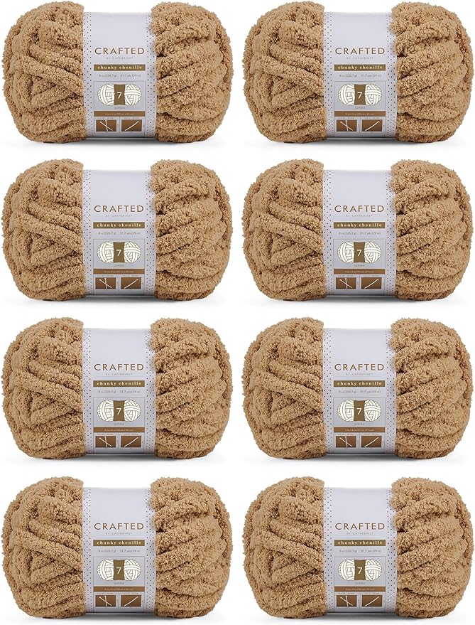 Crafted By Catherine Chunky Chenille Yarn - 8 Pack (8 oz / 227 g, 31.7 Yards Each Skein), Khaki, Gauge 7 Jumbo