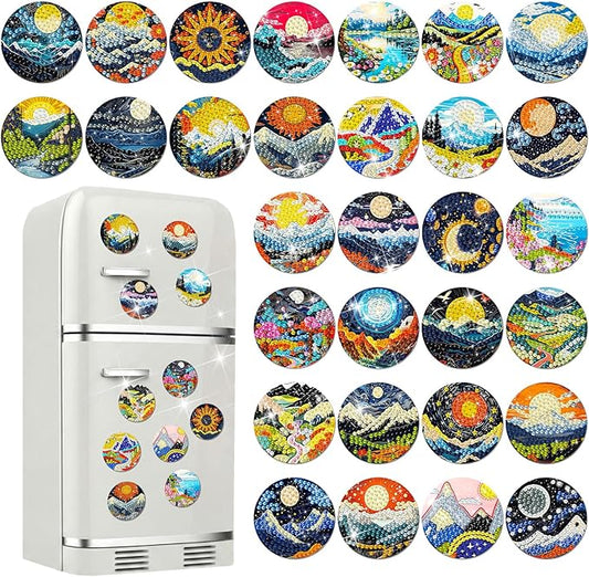 30 Pcs Magnetic Diamond Art Painting Abstract Landscape Magnets Fridge Diamond Art Painting Kits Sticker Magnet DIY Craft for Adult Beginner Souvenir Gift Office Home Decor